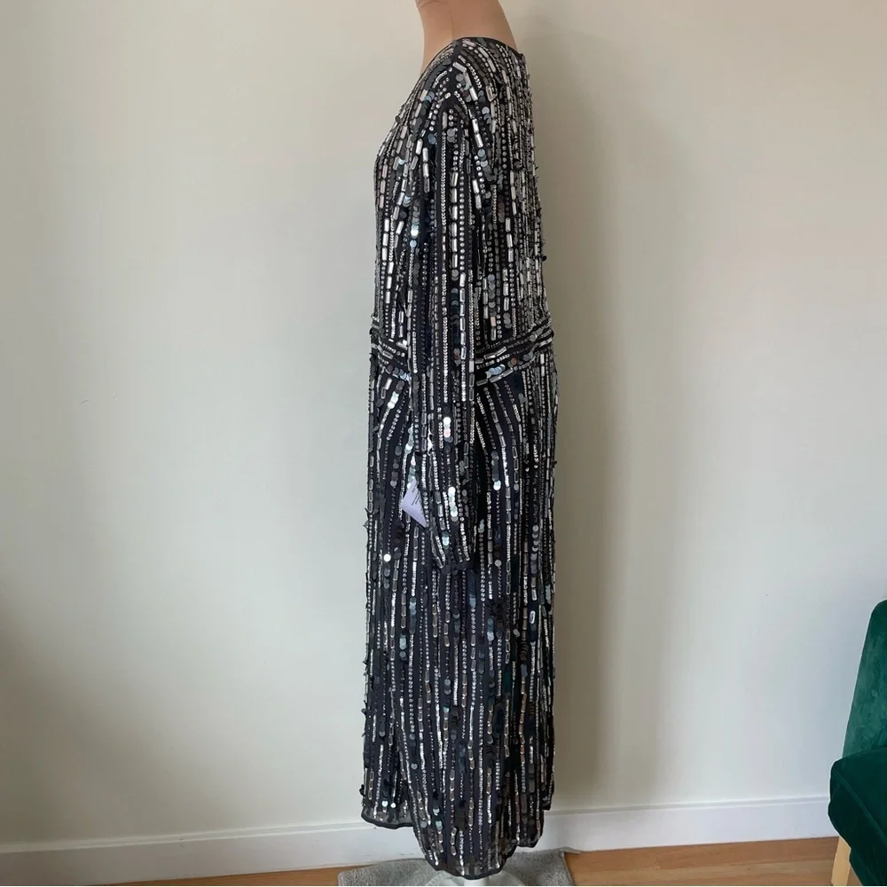 MAC DUGGAL Charcoal Gray Embellished High Neck Long Sleeve Fitted Dress NWT 16